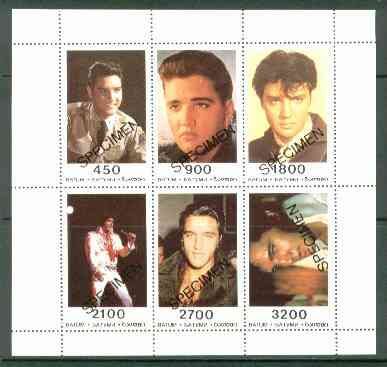 Batum 1996 Elvis Presley perf sheetlet containing set of 6 values, opt'd SPECIMEN, very few produced for publicity purposes unmounted mint, stamps on , stamps on  stamps on music     personalities        elvis  entertainments     films    cinema