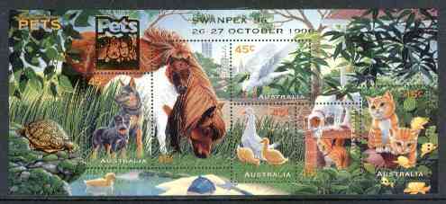 Australia 1996 Pets m/sheet opt'd for 'Swanpex' Stamp Exhibition unmounted mint, SG MS 1651var, stamps on , stamps on  stamps on animals, stamps on  stamps on cats, stamps on  stamps on dogs, stamps on  stamps on birds, stamps on  stamps on ducks, stamps on  stamps on horses, stamps on  stamps on parrots, stamps on  stamps on stamp exhibitions, stamps on  stamps on tortoise