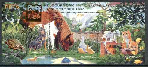 Australia 1996 Pets m/sheet opt'd for Melbourne National Philatelic Exhibition unmounted mint, SG MS 1651var, stamps on , stamps on  stamps on animals    cats    dogs     birds    ducks     horses    parrots      stamp exhibitions    tortoise