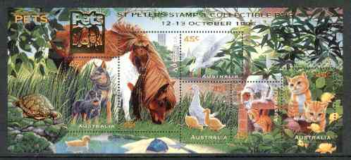 Australia 1996 Pets m/sheet opt'd for St Peters Stamp & Collectible Fair unmounted mint, SG MS 1651var, stamps on , stamps on  stamps on animals    cats    dogs     birds    ducks     horses    parrots      stamp exhibitions    tortoise