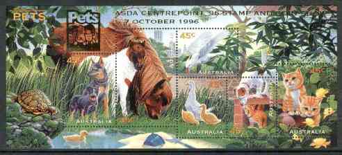 Australia 1996 Pets m/sheet opt'd for ASDA Centrepoint Stamp & Coin Show unmounted mint, SG MS 1651var, stamps on , stamps on  stamps on animals    cats    dogs     birds    ducks     horses    parrots      stamp exhibitions    tortoise