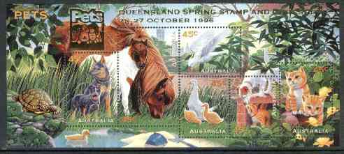 Australia 1996 Pets m/sheet opt'd for Queensland Spring Stamp & Coin Show unmounted mint, SG MS 1651var, stamps on , stamps on  stamps on animals    cats    dogs     birds    ducks     horses    parrots      stamp exhibitions    tortoise