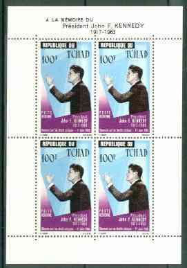 Chad 1964 President Kennedy Commemoration unmounted mint m/sheet containing 4 x 100f, SG MS 126a, stamps on personalities     kennedy