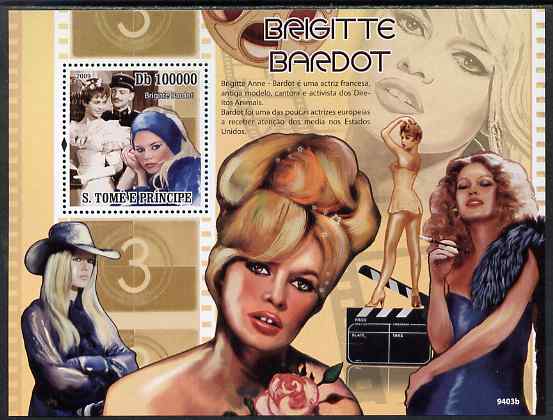 St Thomas & Prince Islands 2009 Brigitte Bardot perf s/sheet unmounted mint, stamps on , stamps on  stamps on personalites, stamps on  stamps on films, stamps on  stamps on cinema, stamps on  stamps on movies, stamps on  stamps on bardot, stamps on  stamps on women