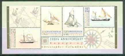 Australia 1992 Australia Day & Anniversary of Discovery of America by Columbus (Sailing Ships) m/sheet unmounted mint, SG MS 1337, stamps on , stamps on  stamps on sailing    ships     columbus     explorers     