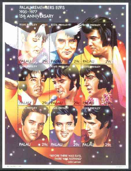 Palau 1992 15th Death Anniversary of Elvis Presley unmounted mint sheetlet containing 9 values, SG 565-73, stamps on , stamps on  stamps on music    elvis    entertainments    death