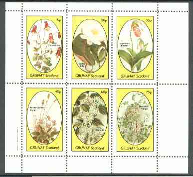 Grunay 1982 Flowers #12 (Columbine, Water Lily, Moccasin, Violet, Clematis & Mountain Fringe) perf set of 6 values unmounted mint, stamps on flowers