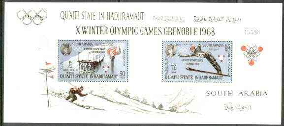 Aden - Qu'aiti 1967 Grenoble Winter Olympics perf m/sheet unmounted mint, Mi BL 11A, stamps on sport, stamps on skiing, stamps on olympics