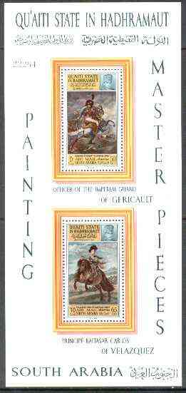 Aden - Qu'aiti 1967 Paintings perf m/sheet (Gericault & Velazquez) unmounted mint Mi BL 8A, stamps on , stamps on  stamps on arts, stamps on velazquez, stamps on horses, stamps on  stamps on renaissance