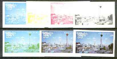 Oman 1977 Silver Jubilee (London Scenes) 30B value (Trafalgar Square) set of 7 imperf progressive colour proofs comprising the 4 individual colours plus 2, 3 and all 4-colour composites unmounted mint, stamps on , stamps on  stamps on royalty, stamps on silver jubilee, stamps on london, stamps on fountains, stamps on nelson