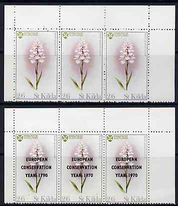 St Kilda 1970 Flowers 2s6d perf (Heath Spotted Orchid) with 'European Conservation Year' opt ALBINO & INVERTED, unmounted mint strip of 3, plus strip of 3 with normal opt., stamps on , stamps on  stamps on flowers, stamps on environment, stamps on orchids