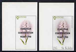 St Kilda 1970 Flowers 2s6d (Heath Spotted Orchid) with European Conservation Year opt imperf single with grey omitted (St Kilda, imprint & value) plus imperf normal unmou..., stamps on flowers, stamps on environment, stamps on orchids