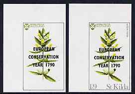 St Kilda 1970 Flowers 1s9d (Yellow Rattle) with 'European Conservation Year' opt error (1790 instead of 1970) imperf single also showing grey omitted (St Kilda, imprint & value) plus matched imperf normal (again with 1790 error) both unmounted mint - an extremely rare DOUBLE error, stamps on flowers, stamps on environment     