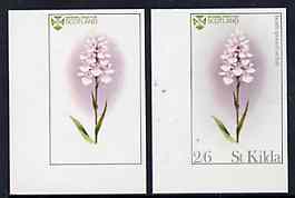 St Kilda 1969 Flowers 2s6d (Heath Spotted Orchid) imperf single with grey omitted (St Kilda, imprint & value) plus imperf normal unmounted mint, stamps on , stamps on  stamps on flowers, stamps on orchids