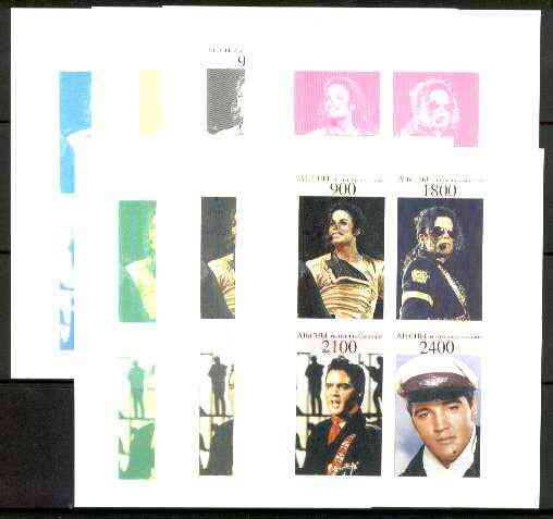 Abkhazia 1995 Michael Jackson & Elvis Presley sheetlet of 4 values each x 7 imperf progressive colour proofs comprising the 4 individual colours plus 2, 3 and all 4-colour composites (28 proofs) unmounted mint, stamps on , stamps on  stamps on music, stamps on personalities, stamps on elvis, stamps on entertainments, stamps on films, stamps on cinema, stamps on pops
