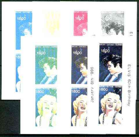 Batum 1995 Film Stars (Elvis & Marilyn Monroe) souvenir sheet containing 2 values each x 7 imperf progressive colour proofs comprising the 4 individual colours plus 2, 3 and all 4-colour composites (14 proofs) unmounted mint, stamps on , stamps on  stamps on music, stamps on personalities, stamps on elvis, stamps on entertainments, stamps on films, stamps on cinema, stamps on marilyn monroe