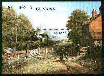 Guyana 1990 British Steam Locomotives m/sheet (Southern Railway) unmounted mint Sc #2297, stamps on railways, stamps on bicycles, stamps on chickens