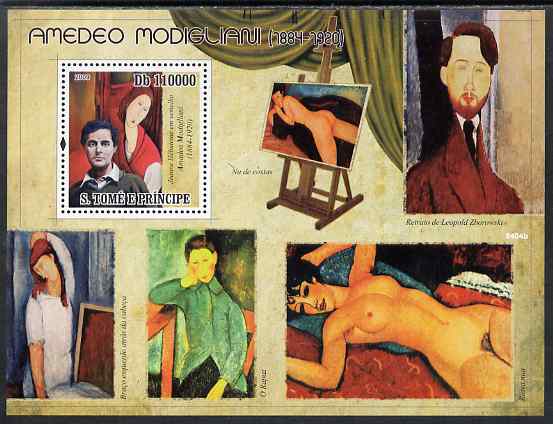 St Thomas & Prince Islands 2009 Amedeo Modigliani perf s/sheet unmounted mint, stamps on , stamps on  stamps on personalites, stamps on  stamps on arts, stamps on  stamps on modigliani, stamps on  stamps on nudes