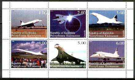 Kalmikia Republic 1999 Concorde sheetlet containing complete set of 6 values unmounted mint, stamps on aviation, stamps on concorde, stamps on eclipse