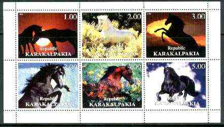 Karakalpakia Republic 1999 Horses sheetlet containing complete set of 6 values unmounted mint, stamps on animals, stamps on horses