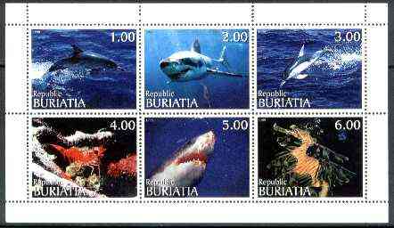 Buriatia Republic 1999 Marine Life (Dolphins, Sharks, etc) sheetlet containing complete set of 6 values unmounted mint, stamps on , stamps on  stamps on marine life, stamps on fish, stamps on sharks, stamps on whales