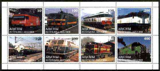 Abkhazia 1998 Railways sheetlet containing complete set of 8 values unmounted mint, stamps on , stamps on  stamps on railways