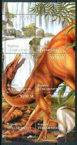 Turkmenistan 1998 Dinosaurs composite sheetlet containing complete set of 6 values unmounted mint, stamps on dinosaurs