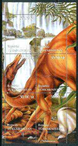 Turkmenistan 1998 Dinosaurs composite sheetlet containing complete set of 6 values unmounted mint, stamps on , stamps on  stamps on dinosaurs