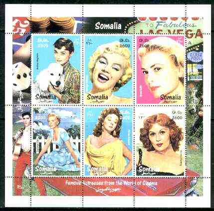 Somalia 1998 Film Stars #1 (Actresses) sheetlet containing complete set of 6 values (A Hepburn, Marilyn, Grace Kelly, S Hayward etc with Elvis in border) unmounted mint, stamps on , stamps on  stamps on films, stamps on cinema, stamps on marilyn monroe, stamps on elvis, stamps on music, stamps on  stamps on women