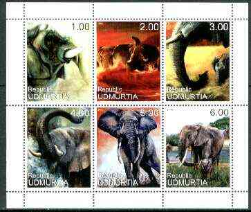 Udmurtia Republic 1999 Elephants sheetlet containing complete set of 6 values unmounted mint, stamps on , stamps on  stamps on animals, stamps on elephants