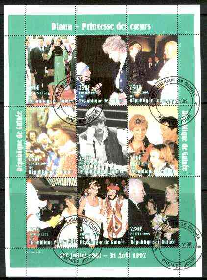 Guinea - Conakry 1998 Princess Diana #2 perf sheetlet containing 9 values (incl with Pope, Pavarotti, Stallone, Mother Teresa) cto used, stamps on , stamps on  stamps on royalty, stamps on diana, stamps on chess, stamps on pope, stamps on cinema, stamps on nobel, stamps on opera