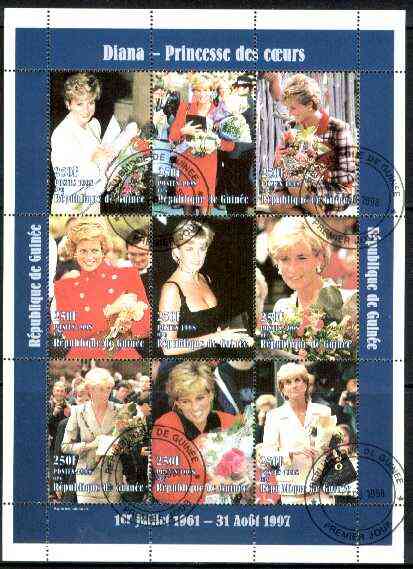 Guinea - Conakry 1998 Princess Diana #3 perf sheetlet containing 9 values (various portraits) cto used, stamps on , stamps on  stamps on royalty, stamps on diana, stamps on police