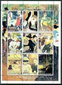 Niger Republic 1998 Paintings by Toulouse Lautrec perf sheetlet containing 9 values cto used, stamps on , stamps on  stamps on arts, stamps on lautrec