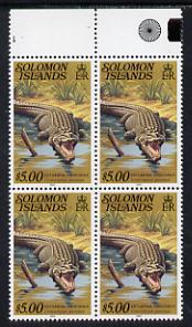 Solomon Islands 1979 Crocodile $5 (with 1982 imprint) marginal block of 4 with wmk inverted unmounted mint, SG 403awB, stamps on animals, stamps on reptiles