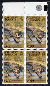 Solomon Islands 1979 Crocodile $5 (with 1982 imprint) marginal block of 4 with wmk inverted unmounted mint, SG 403awB, stamps on , stamps on  stamps on animals, stamps on  stamps on reptiles