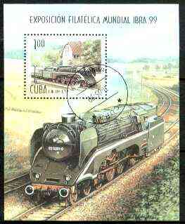 Cuba 1999 IBRA Stamp Exhibition (Steam Loco) m/sheet fine cto used, stamps on stamp exhibitions, stamps on railways