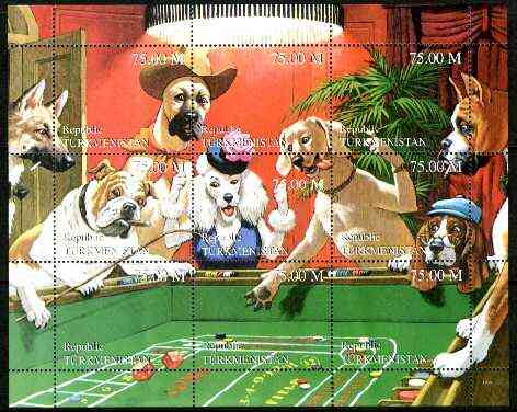 Turkmenistan 1999 Gambling Dogs composite perf sheetlet containing set of 9 values, stamps on dogs, stamps on gambling