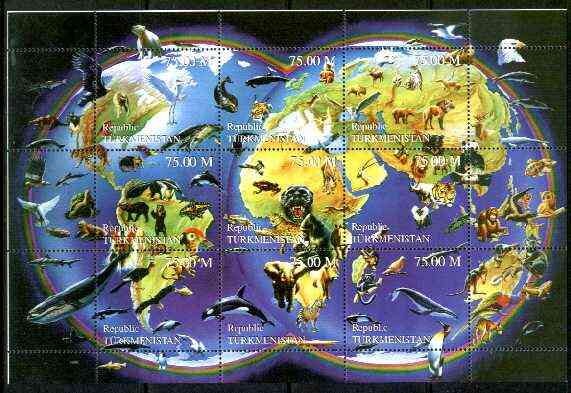 Turkmenistan 1999 Endangered Wildlife composite perf sheetlet containing set of 9 values unmounted mint, stamps on whales, stamps on elephant, stamps on penguins, stamps on apes, stamps on maps, stamps on bears, stamps on pandas, stamps on cats, stamps on rainbows