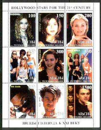 Abkhazia 1999 Hollywood Stars for the 21st Century perf sheetlet containing 9 values (incl Madonna, Spice Girls, L Di Caprio, etc) unmounted mint