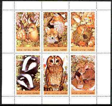 Batum 1996 Garden Animals perf sheetlet containing complete set of 6 values unmounted mint, stamps on animals, stamps on deer, stamps on fox, stamps on badger, stamps on owls, stamps on birds of prey, stamps on rabbits, stamps on dogs, stamps on  fox , stamps on foxes, stamps on  