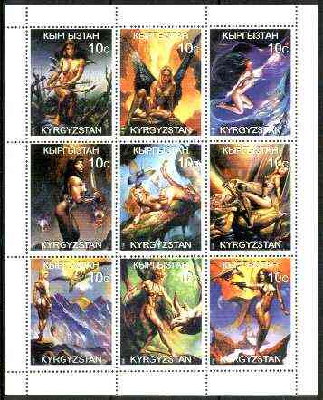 Kyrgyzstan 1999 Beauty & the Beasts (Models & Dinosaurs) sheetlet containing 9 values, unmounted mint, stamps on women, stamps on dinosaurs