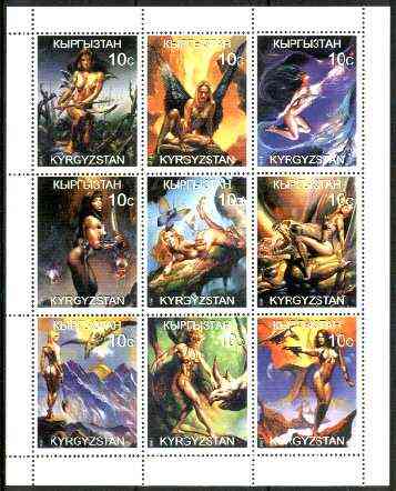 Kyrgyzstan 1999 Beauty & the Beasts (Models & Dinosaurs) sheetlet containing 9 values, unmounted mint, stamps on , stamps on  stamps on women, stamps on dinosaurs