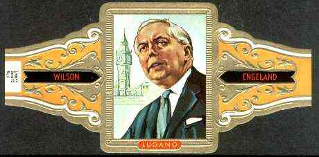 Cinderella - Lugano cigar band illustrating Harold Wilson (Prime Minister of England 1964-70 & 1874-76) with Big Ben, Series 12 No.8, stamps on , stamps on  stamps on cinderella, stamps on personalities, stamps on constitutions, stamps on buildings, stamps on  stamps on  clocks