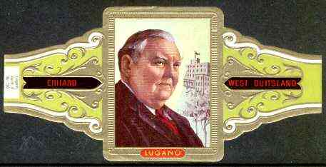 Cinderella - Lugano cigar band illustrating Ludwig Erhard (W German Economist & Statesman) Series 4 No.130, stamps on , stamps on  stamps on cinderella, stamps on personalities, stamps on constitutions:economics