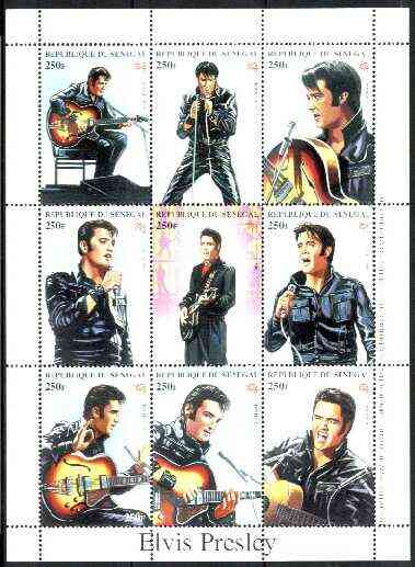 Senegal 1998 Elvis Presley perf sheetlet containing set of 9 values unmounted mint, stamps on , stamps on  stamps on music, stamps on  stamps on personalities, stamps on  stamps on elvis, stamps on  stamps on entertainments, stamps on  stamps on films, stamps on  stamps on cinema, stamps on  stamps on guitar