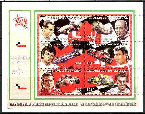 Senegal 1998 Italia 98 Stamp Exhibition (Racing cars & Drivers) perf sheetlet containing set of 6 values unmounted mint, stamps on stamp exhibitions, stamps on racing cars