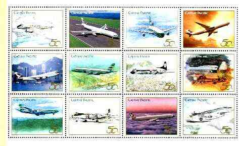 Cinderella - 1996 set of 12 aircraft specially produced for 50th Anniversary of Cathay Pacific unmounted mint, stamps on , stamps on  stamps on aviation, stamps on cinderella, stamps on boeing, stamps on lockheed, stamps on dc-3, stamps on vickers, stamps on douglas, stamps on airbus, stamps on 747