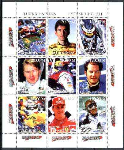 Turkmenistan 1999 Formula 1 Drivers perf sheetlet containing set of 9 values unmounted mint, stamps on , stamps on  stamps on racing cars, stamps on formula 1, stamps on  stamps on  f1 , stamps on  stamps on cars