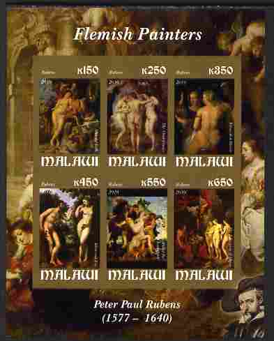 Malawi 2010 Art - Flemish Painters - Rubens imperf sheetlet containing 6 values unmounted mint, stamps on arts, stamps on nudes, stamps on rubens
