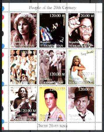 Turkmenistan 1999 People of the 20th Century (Elvis, Nancy & Frank Sinatra, Marilyn, Malcolm X, Hendrix etc) perf sheetlet containing set of 9 values unmounted mint, stamps on music, stamps on personalities, stamps on elvis, stamps on entertainments, stamps on films, stamps on cinema, stamps on marilyn monroe, stamps on sinatra, stamps on golf, stamps on millennium, stamps on judaica, stamps on guitar